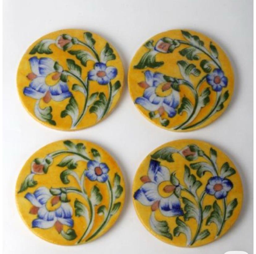 blue pottery yellow floral ceramic coasters
